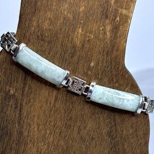 Green Jade Bracelet Panels Sterling Silver 7.25" Asian Symbols Peace Health